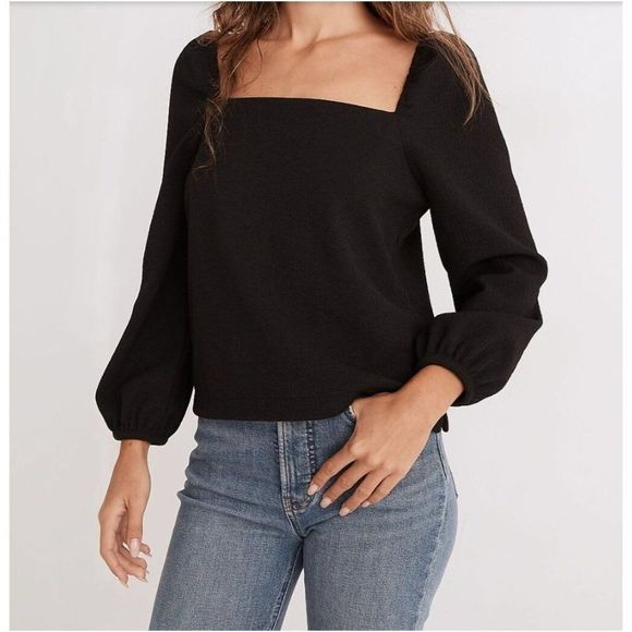 Madewell Tops - Madewell Crepe Square-Neck Puff-Sleeve Top in Black Size XL